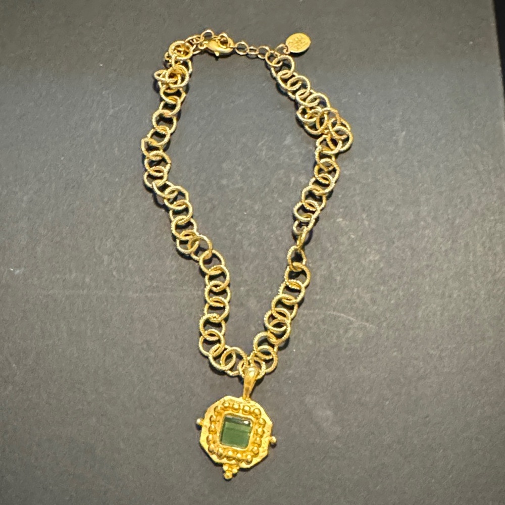 Authentic Susan Shaw Gold-Tone Necklace with Green Stone Pendant